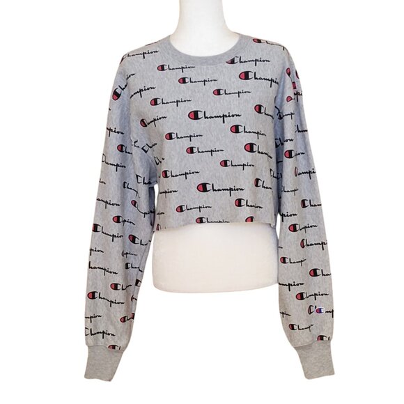 Champion Reverse Weave Oversized Cropped Sweatshirt All-Over Logo Design - Picture 2 of 15